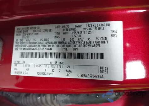 2020 Ford Escape Se from USA, damaged, VIN 1FMCU0G68LUC15968